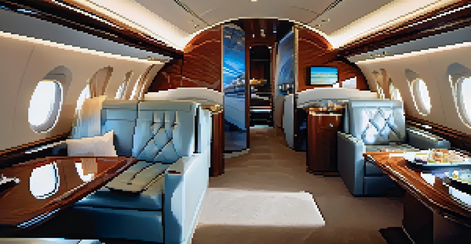 The interior of a luxurious private jet featuring plush seating, ambient lighting, and a tray with gourmet meals and champagne.