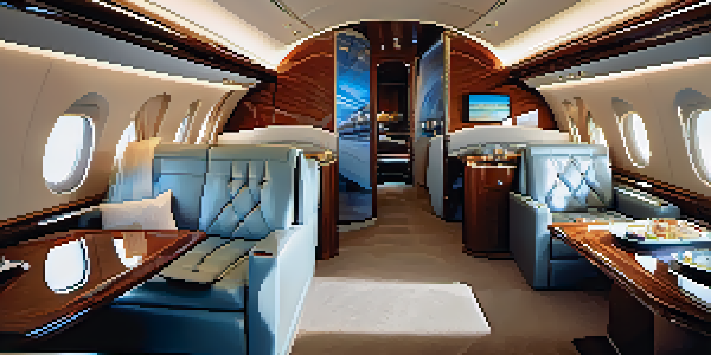 The interior of a luxurious private jet featuring plush seating, ambient lighting, and a tray with gourmet meals and champagne.