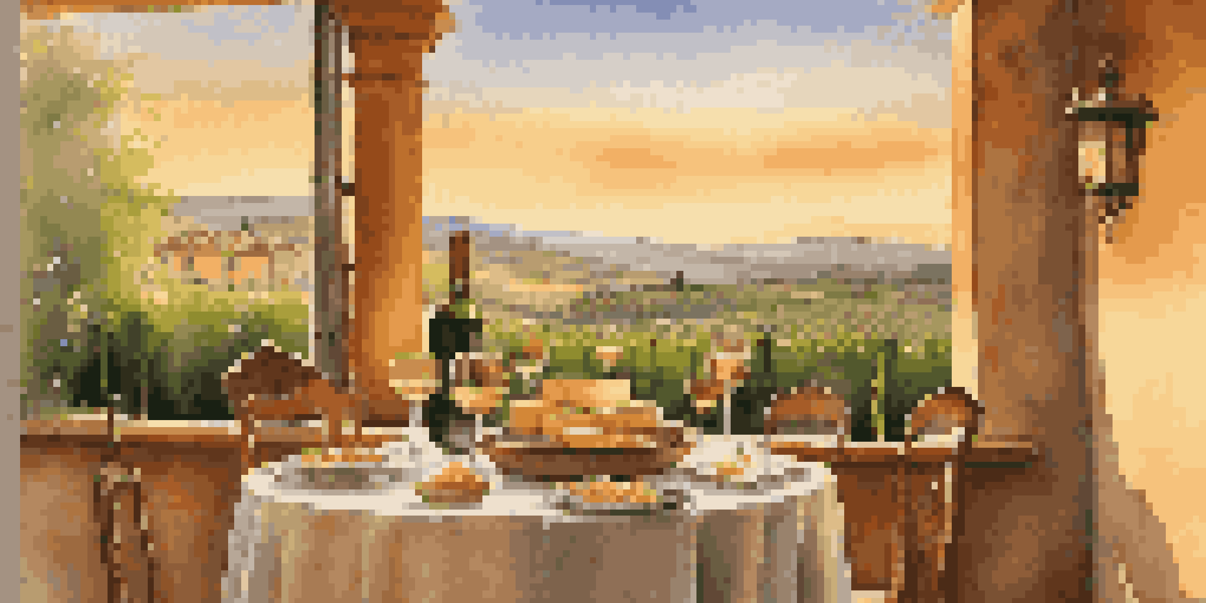 A sunlit Tuscan villa with vineyards, a glass of Chianti, and beautiful artworks on the walls.