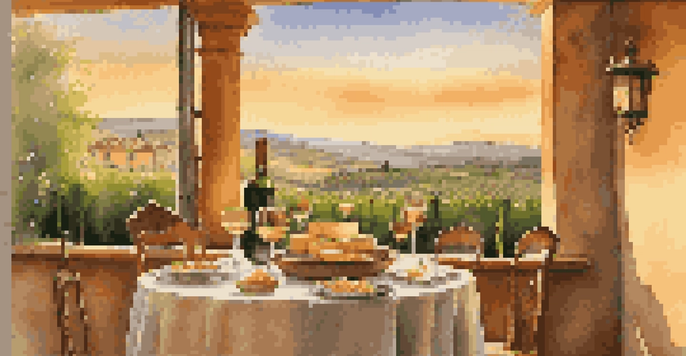 A sunlit Tuscan villa with vineyards, a glass of Chianti, and beautiful artworks on the walls.