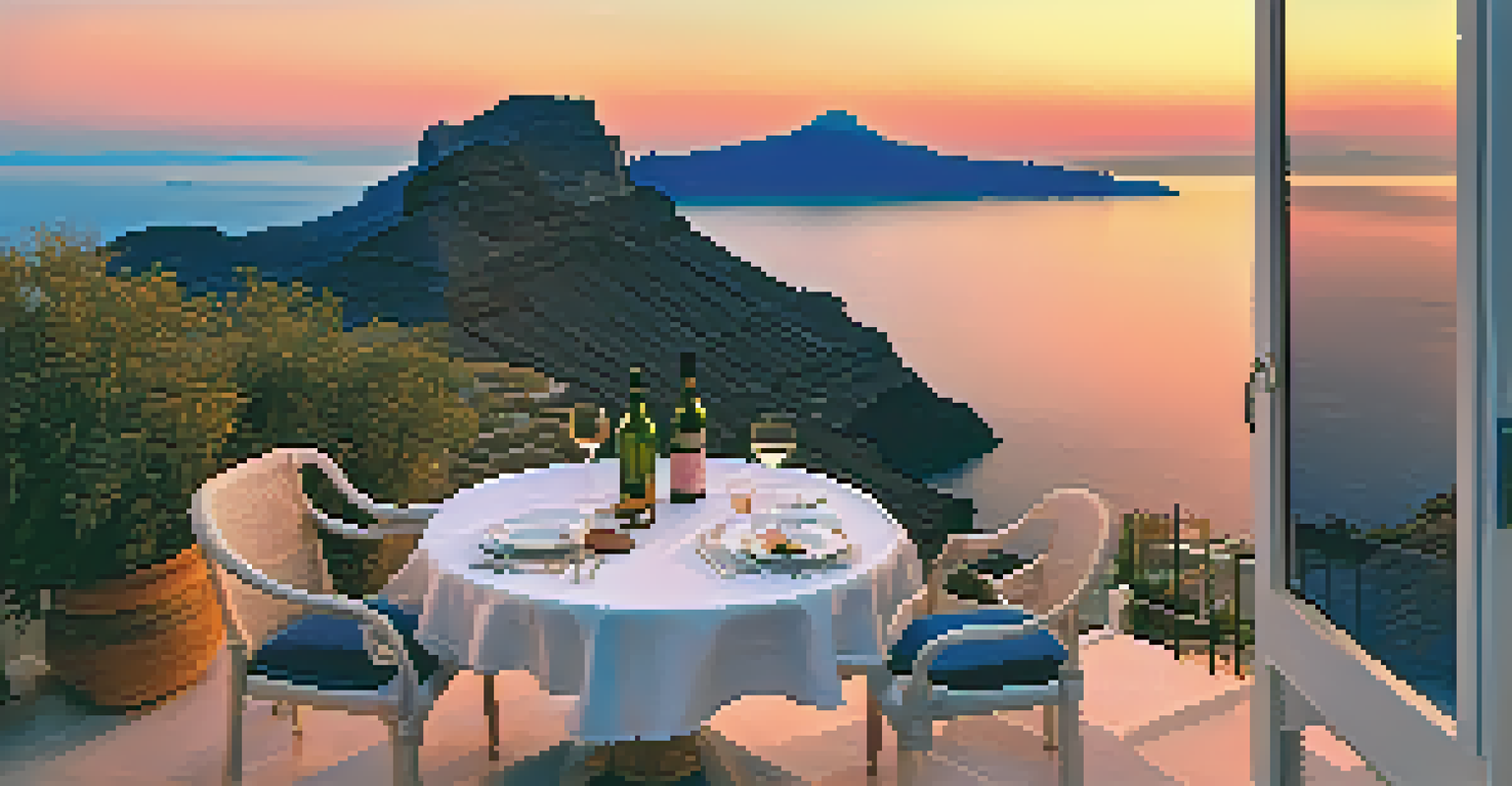 A couple enjoying a sunset view from Imerovigli, with Skaros Rock and the Aegean Sea in the background.