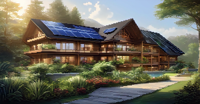 A picturesque eco-friendly hotel surrounded by greenery and sunlight, featuring solar panels and a vibrant garden.