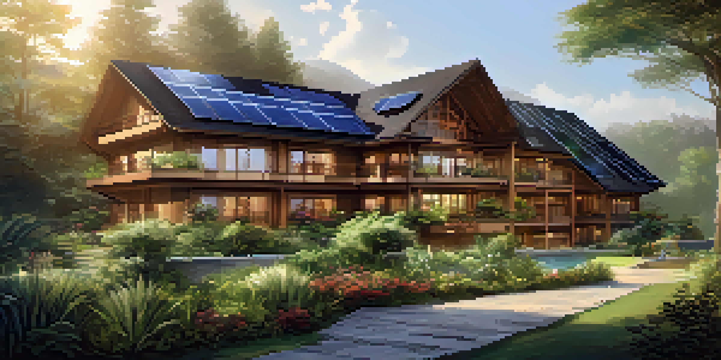 A picturesque eco-friendly hotel surrounded by greenery and sunlight, featuring solar panels and a vibrant garden.