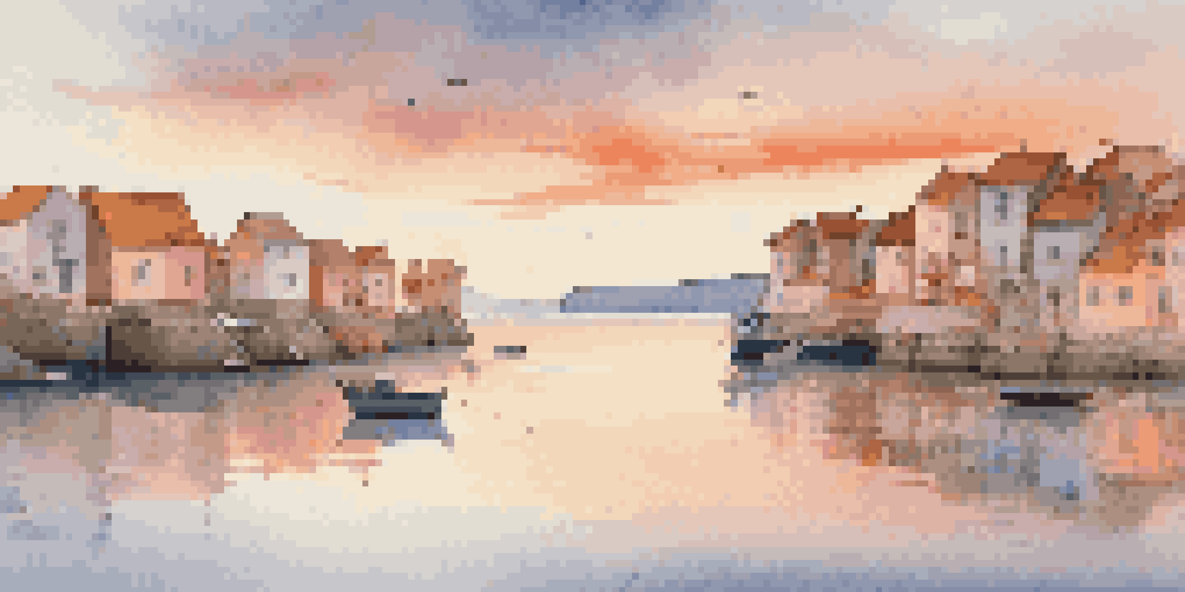 A coastal village at sunset with colorful houses and a fishing boat on calm water.