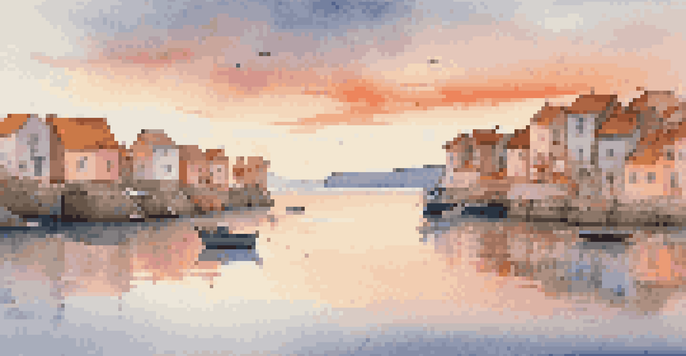 A coastal village at sunset with colorful houses and a fishing boat on calm water.