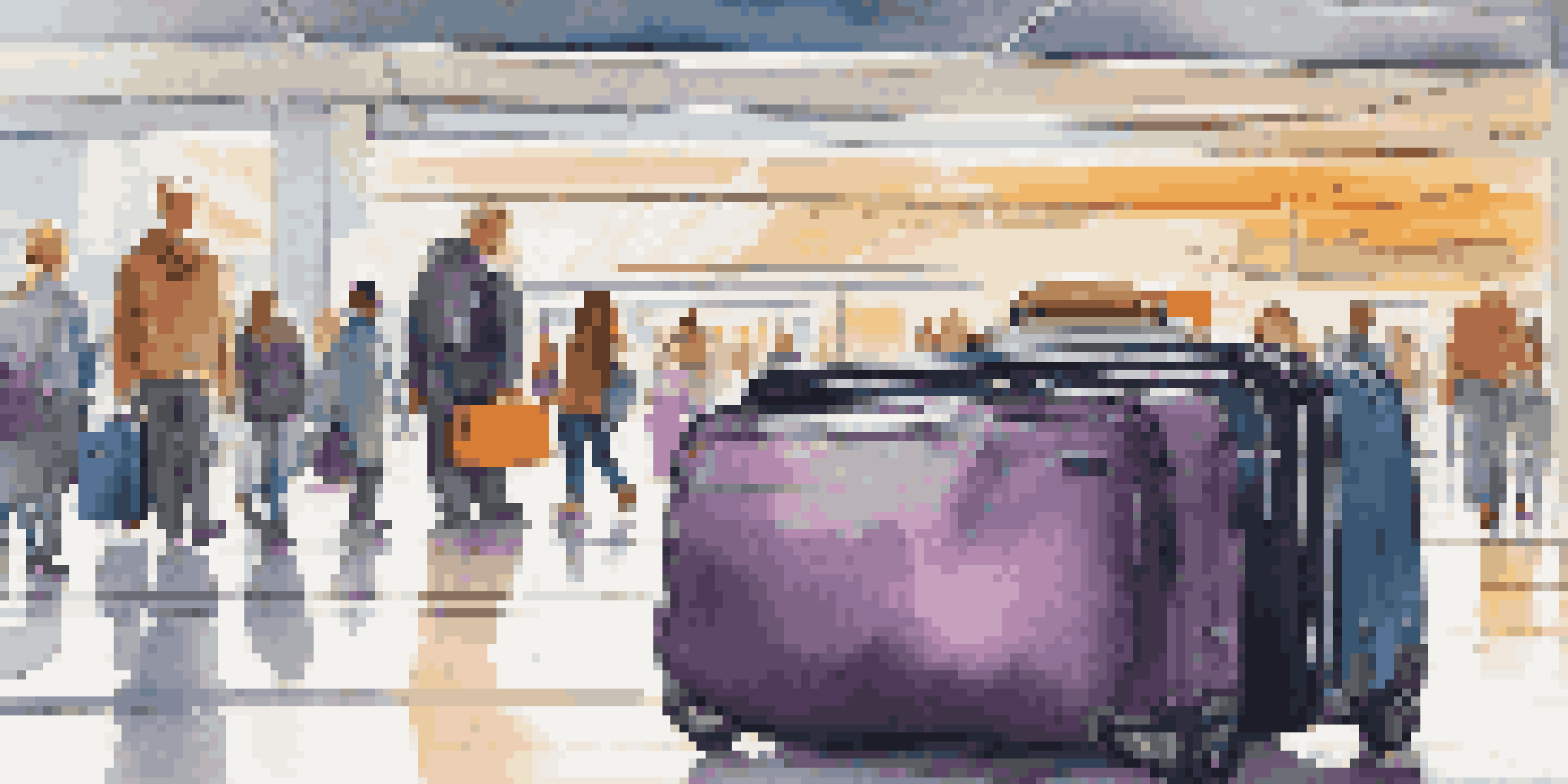 A modern smart suitcase with an open interior, showing electronic compartments in a busy airport terminal filled with travelers and bright natural light.
