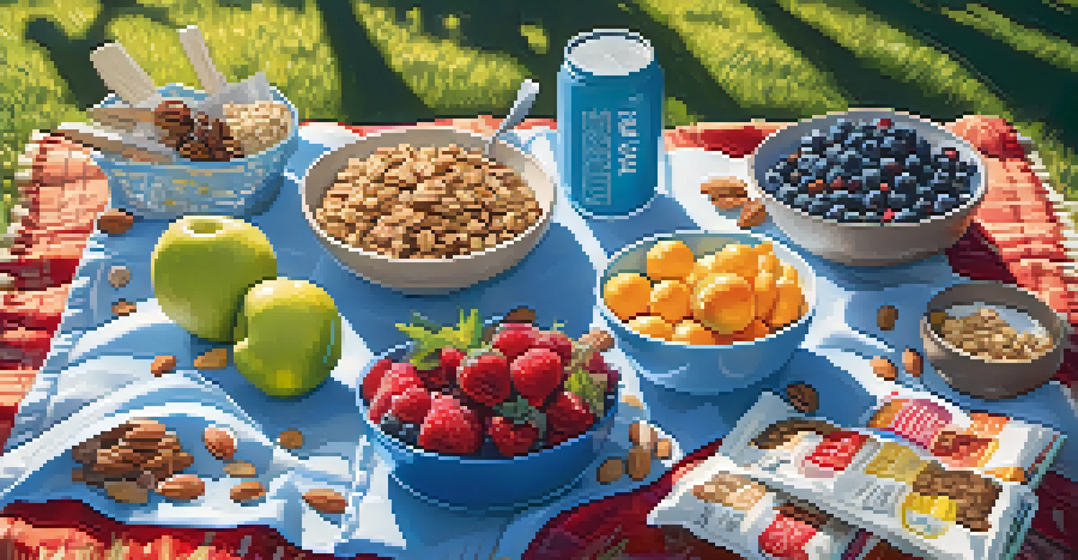 An assortment of healthy snacks packed for a family road trip, displayed on a picnic blanket under sunlight.