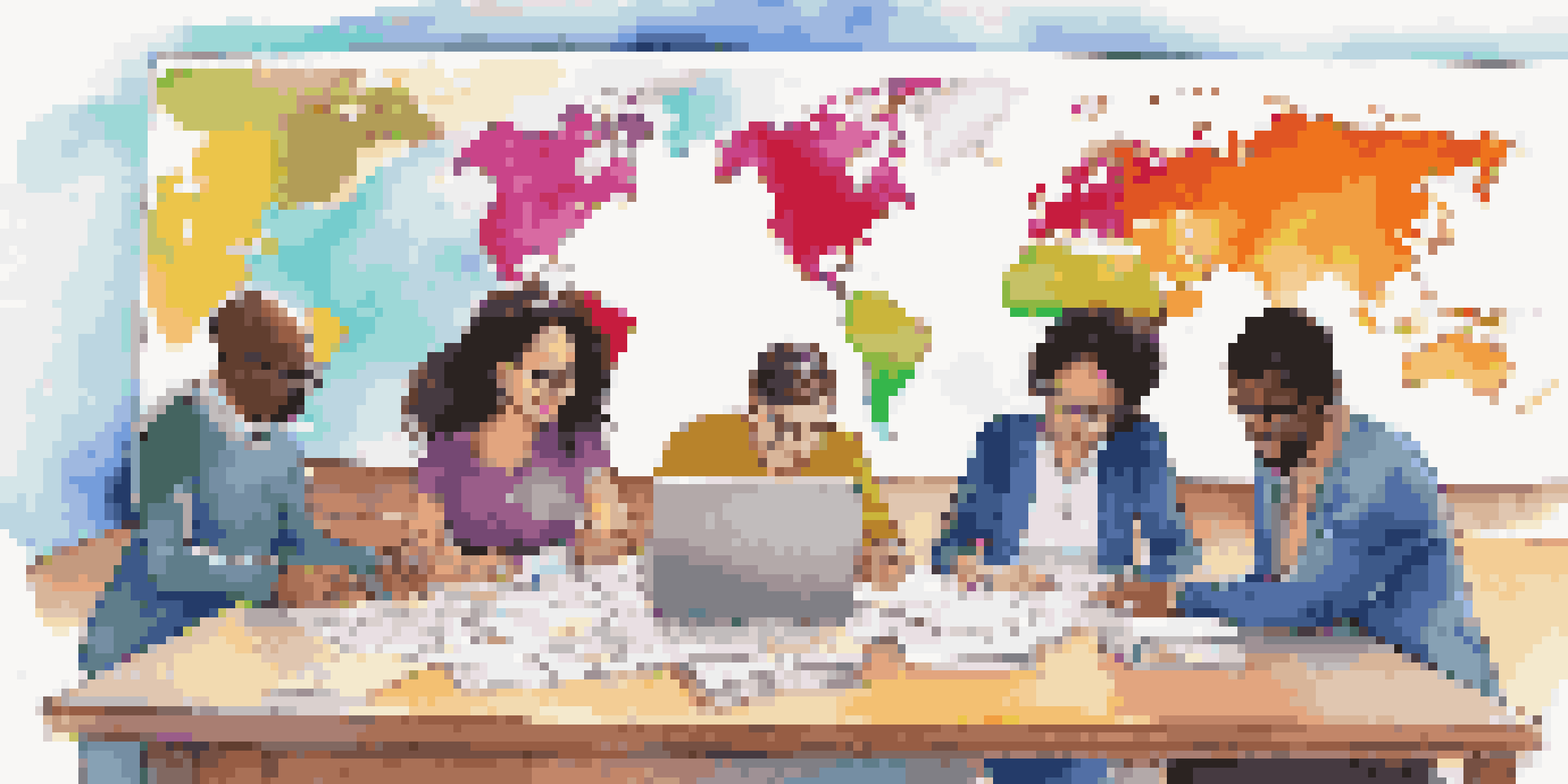 A group of diverse educators working together at a table filled with educational materials, with a world map in the background.
