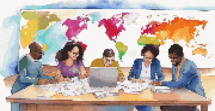 A group of diverse educators working together at a table filled with educational materials, with a world map in the background.