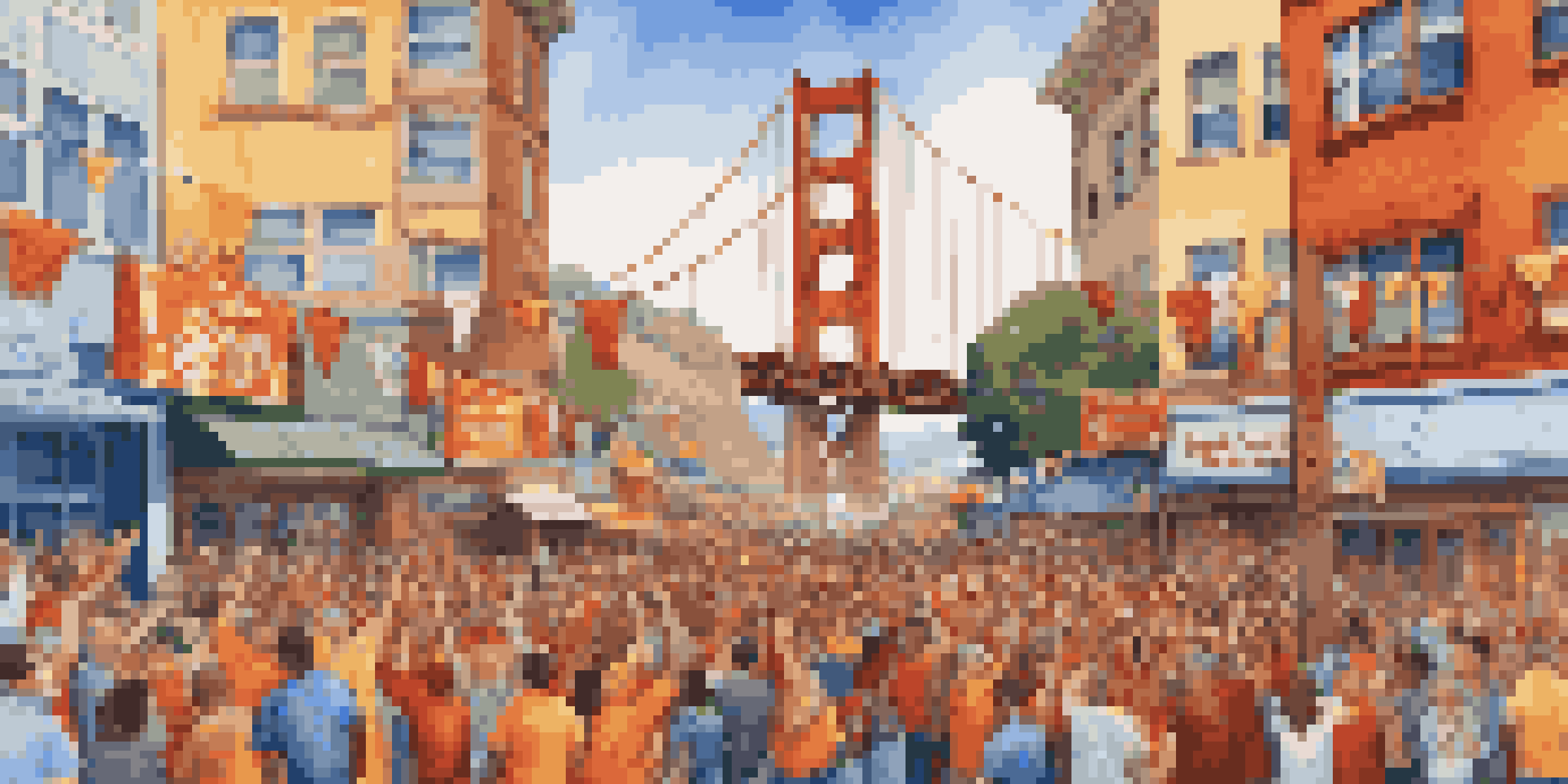 A lively street scene in San Francisco with fans celebrating the NBA Finals, wearing jerseys and holding banners, with the Golden Gate Bridge in the background.