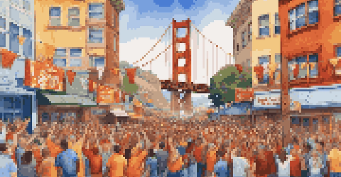A lively street scene in San Francisco with fans celebrating the NBA Finals, wearing jerseys and holding banners, with the Golden Gate Bridge in the background.