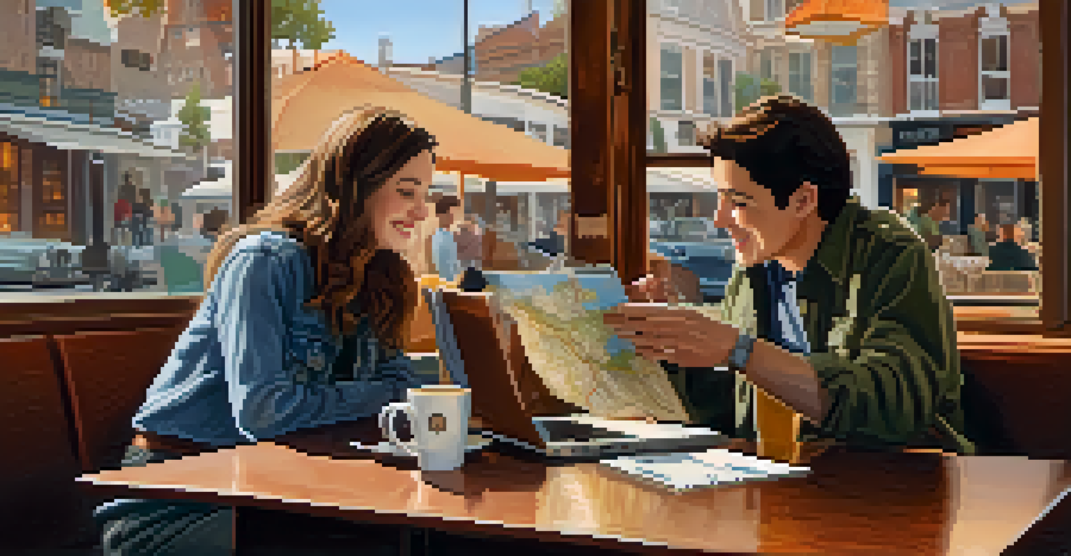 Two travelers discussing their itinerary in a coffee shop with a map and laptop on the table.