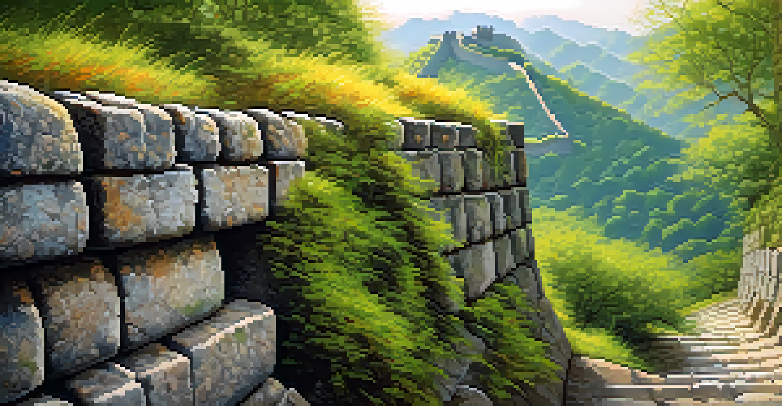A close-up of the ancient stones of the Great Wall with moss and morning light.