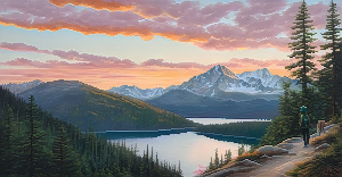 A hiker on a mountain trail at dawn, overlooking a calm lake surrounded by pine trees and a colorful sky.