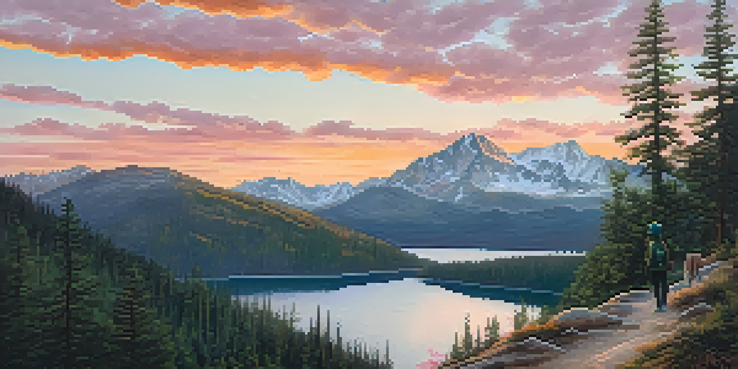 A hiker on a mountain trail at dawn, overlooking a calm lake surrounded by pine trees and a colorful sky.