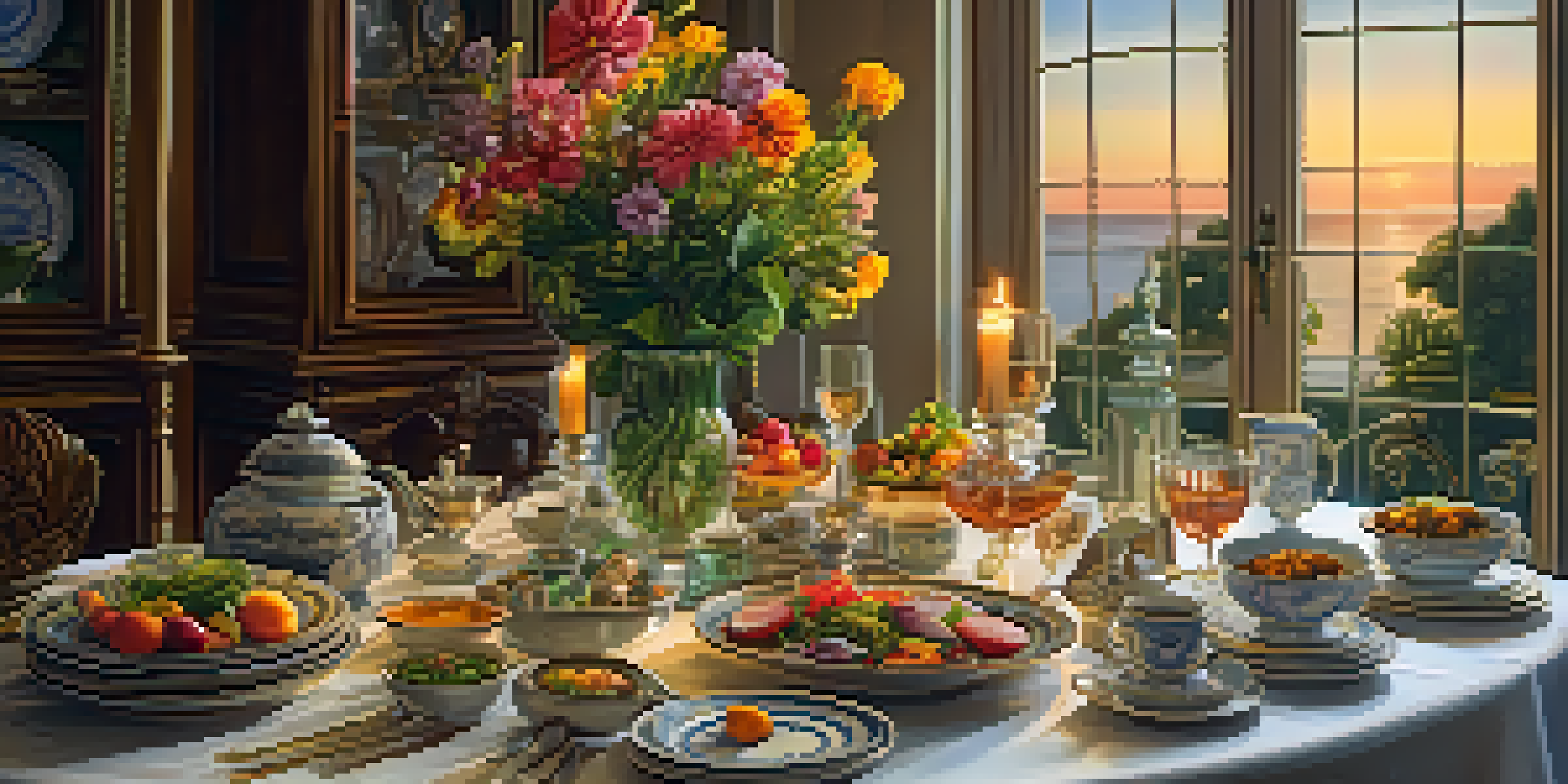 A dining table elegantly set with various international dishes, surrounded by soft candlelight and a sunset view in the background.