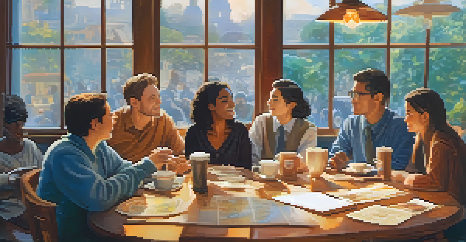 Teachers from various cultures discussing educational travel over coffee in a cozy café.
