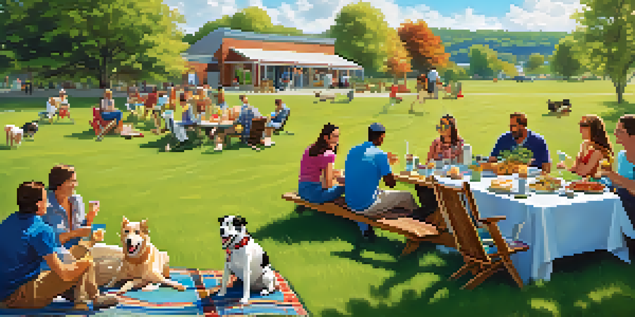 A group of pet owners having a picnic at a pet-friendly restaurant event with pets playing around.