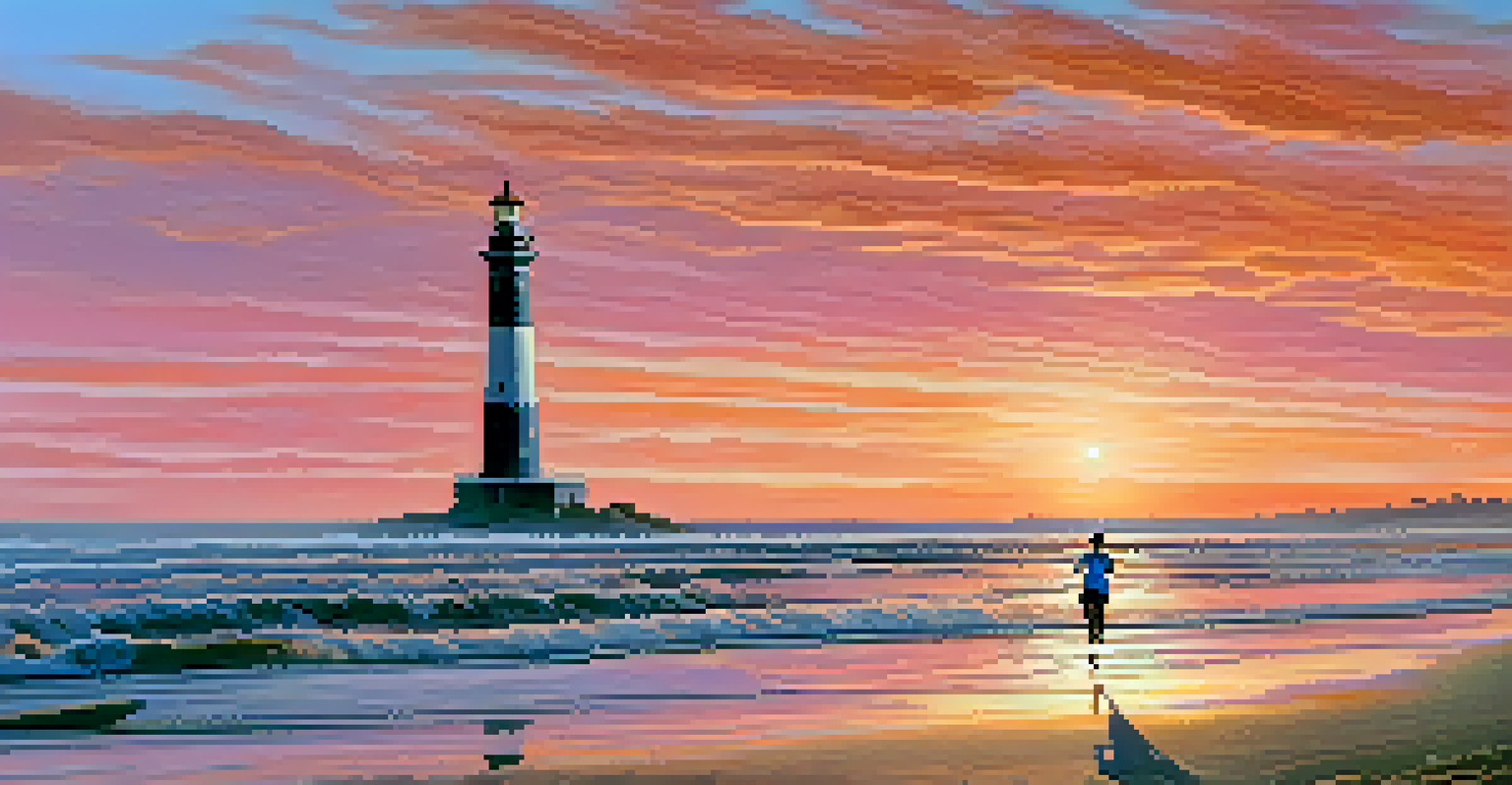 A jogger running on a beach at sunrise with colorful skies and ocean waves.