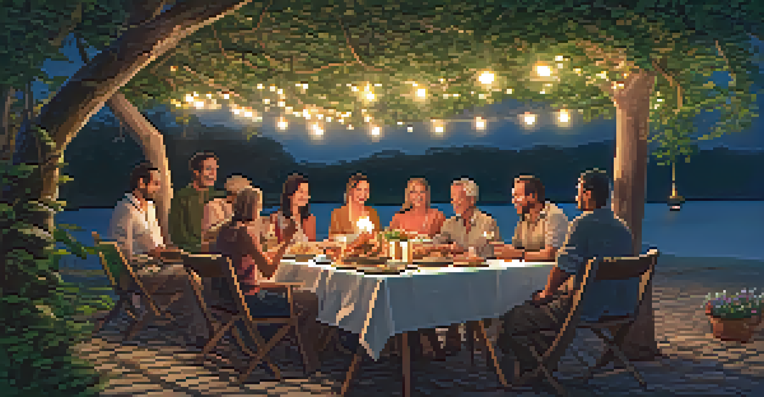 A local guide shares traditional dishes with travelers at an outdoor dining setup under trees with fairy lights.