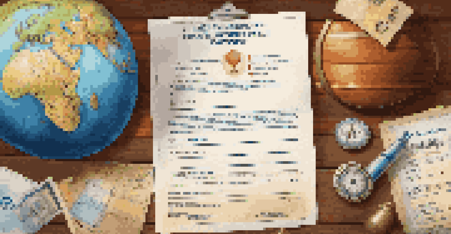 A close-up view of a travel insurance policy, vaccination card, and a globe on a wooden table with natural light.