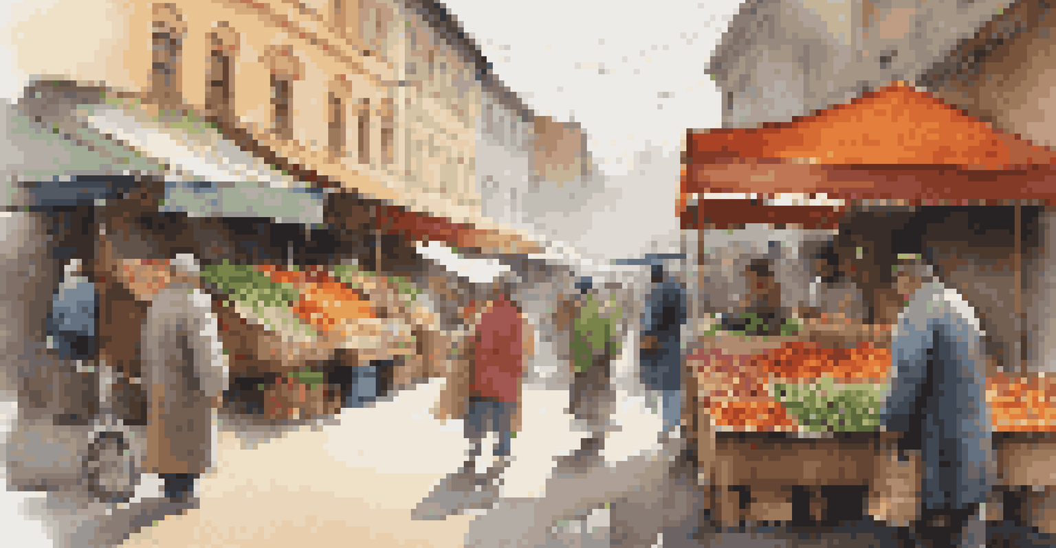 A lively market scene on a cloudy day with colorful stalls and soft lighting.
