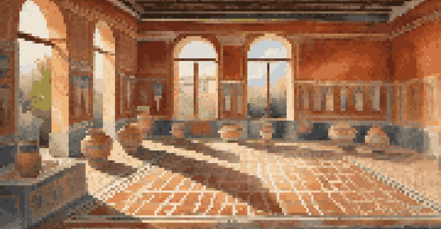 An interior of a Roman villa in Pompeii, featuring mosaics and frescoes with sunlight illuminating the space filled with pottery and amphorae.