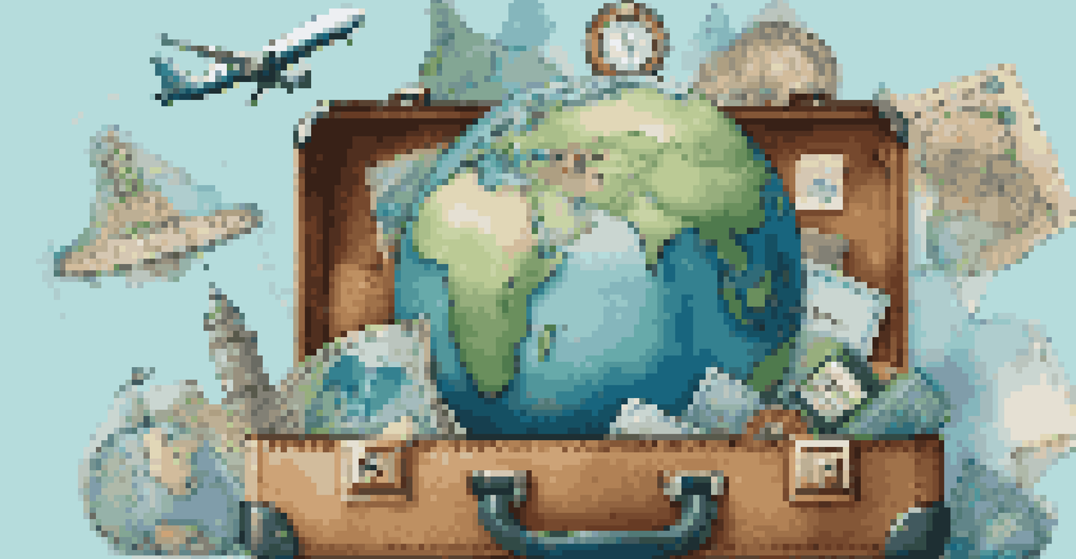 A globe surrounded by travel icons like a suitcase, airplane, and passport over a map background.