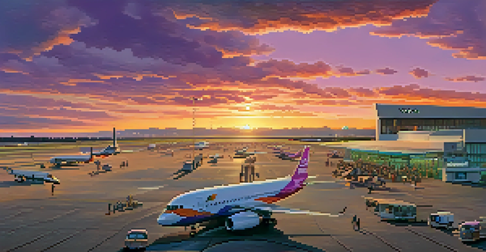 A colorful sunset at an airport with planes in the sky and passengers checking in.