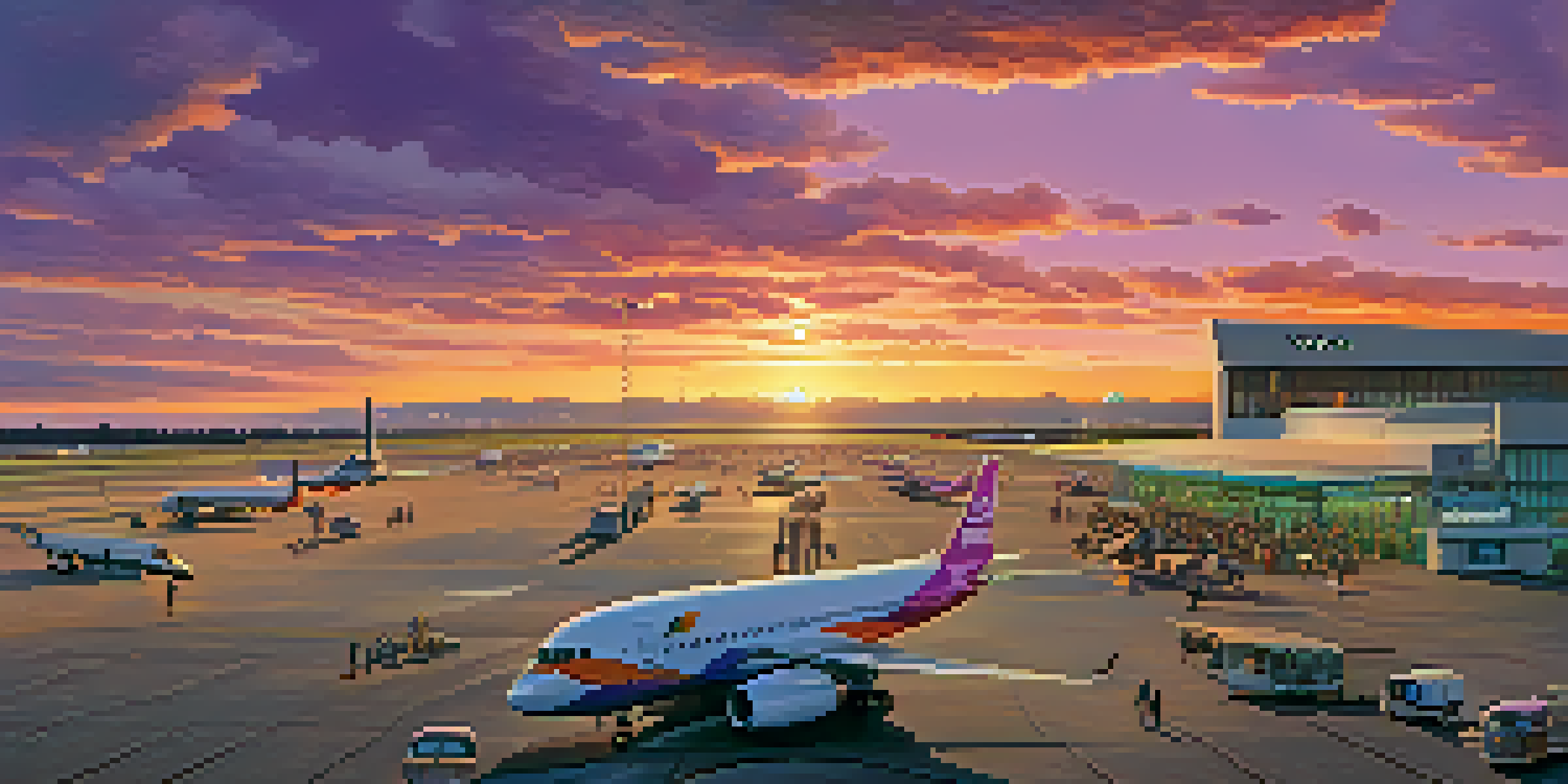 A colorful sunset at an airport with planes in the sky and passengers checking in.