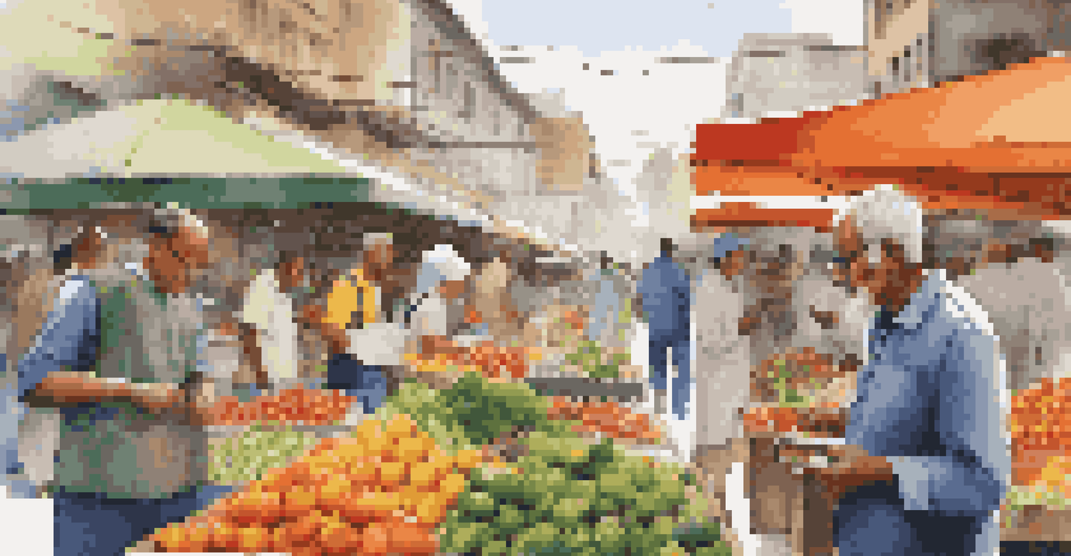 A scientist in a colorful city market, engaging with vendors and documenting observations on a tablet.