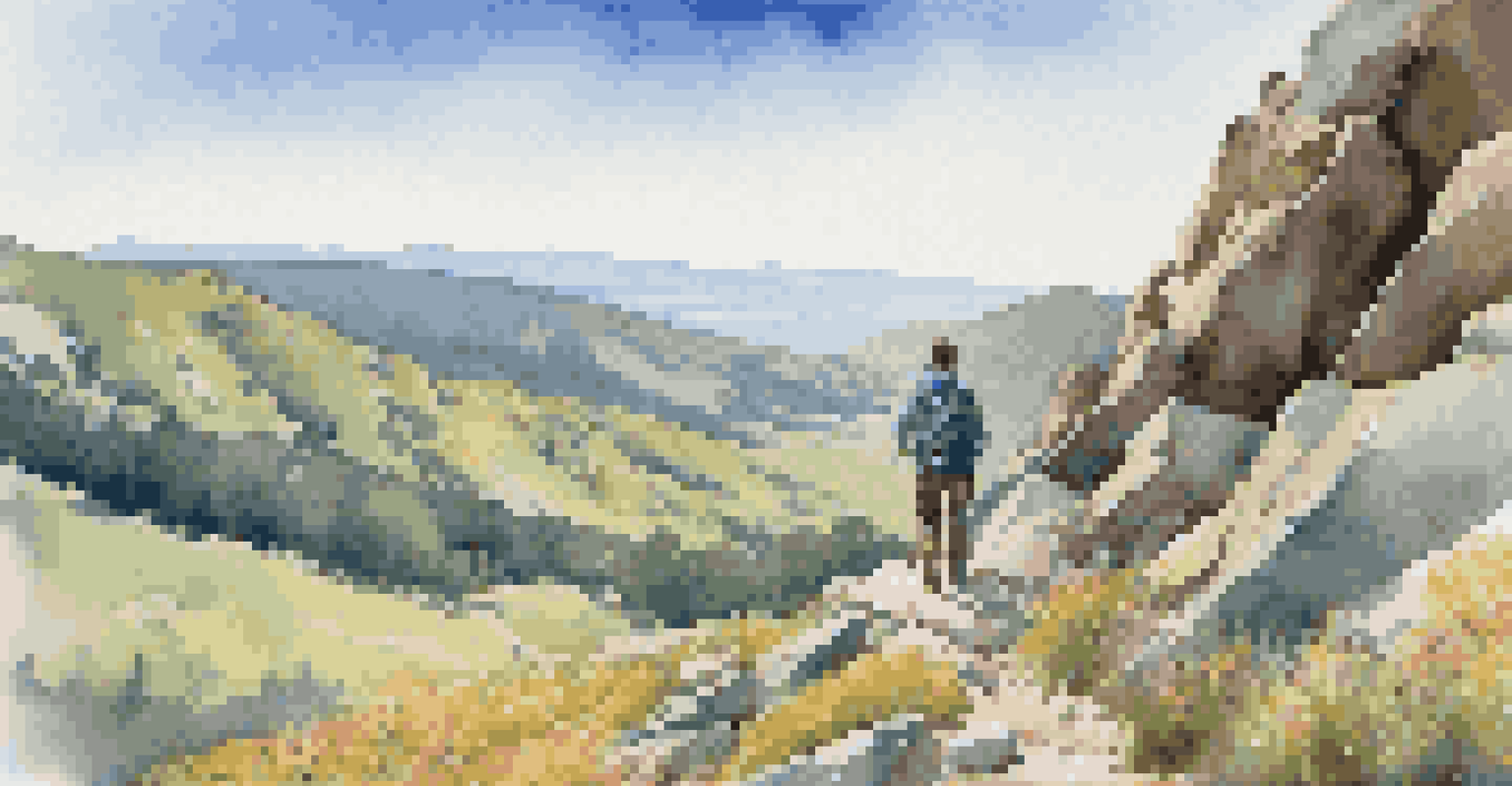 A hiker on a mountain trail with a panoramic view, surrounded by wildflowers and a clear sky.