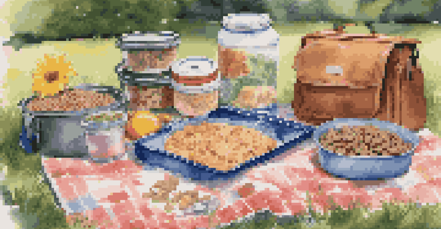 An organized picnic setup with pet food in airtight containers and a portable water bowl on a blanket in a sunny park.