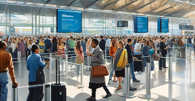 A busy airport interior with travelers using smartphones at security checkpoints, highlighting digital identity verification systems.