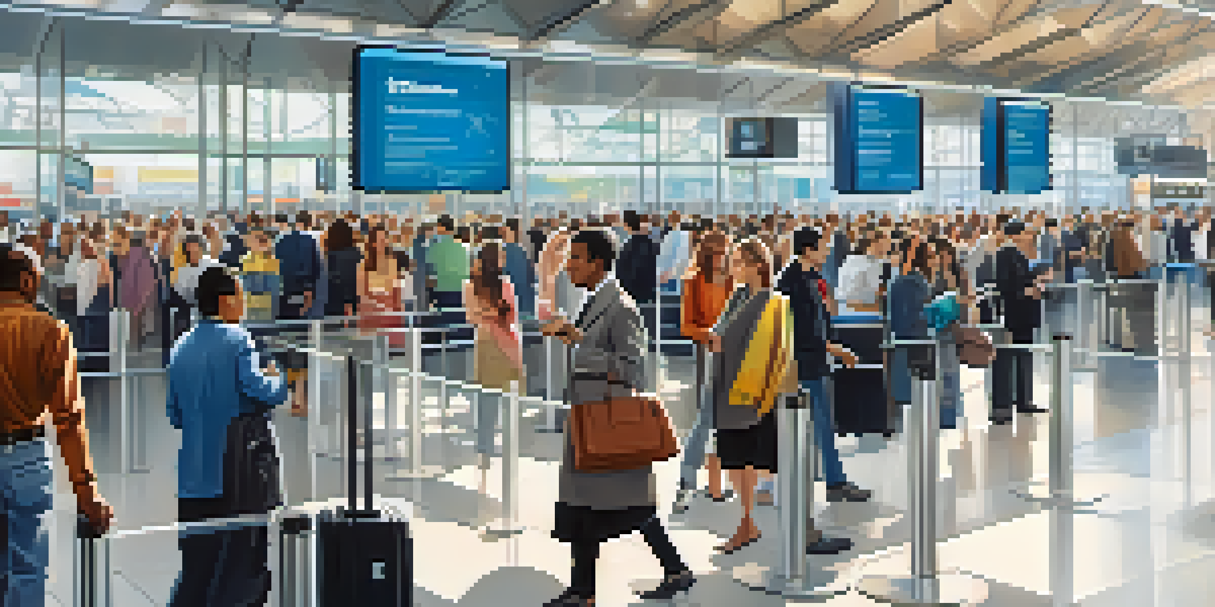 A busy airport interior with travelers using smartphones at security checkpoints, highlighting digital identity verification systems.