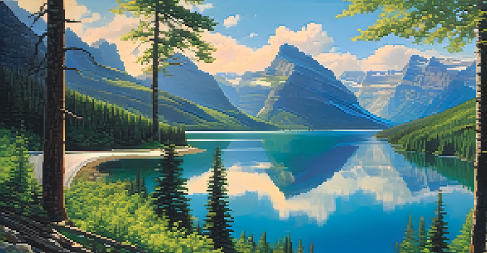 A breathtaking view of a winding road through the mountains with a lake reflecting the sky.