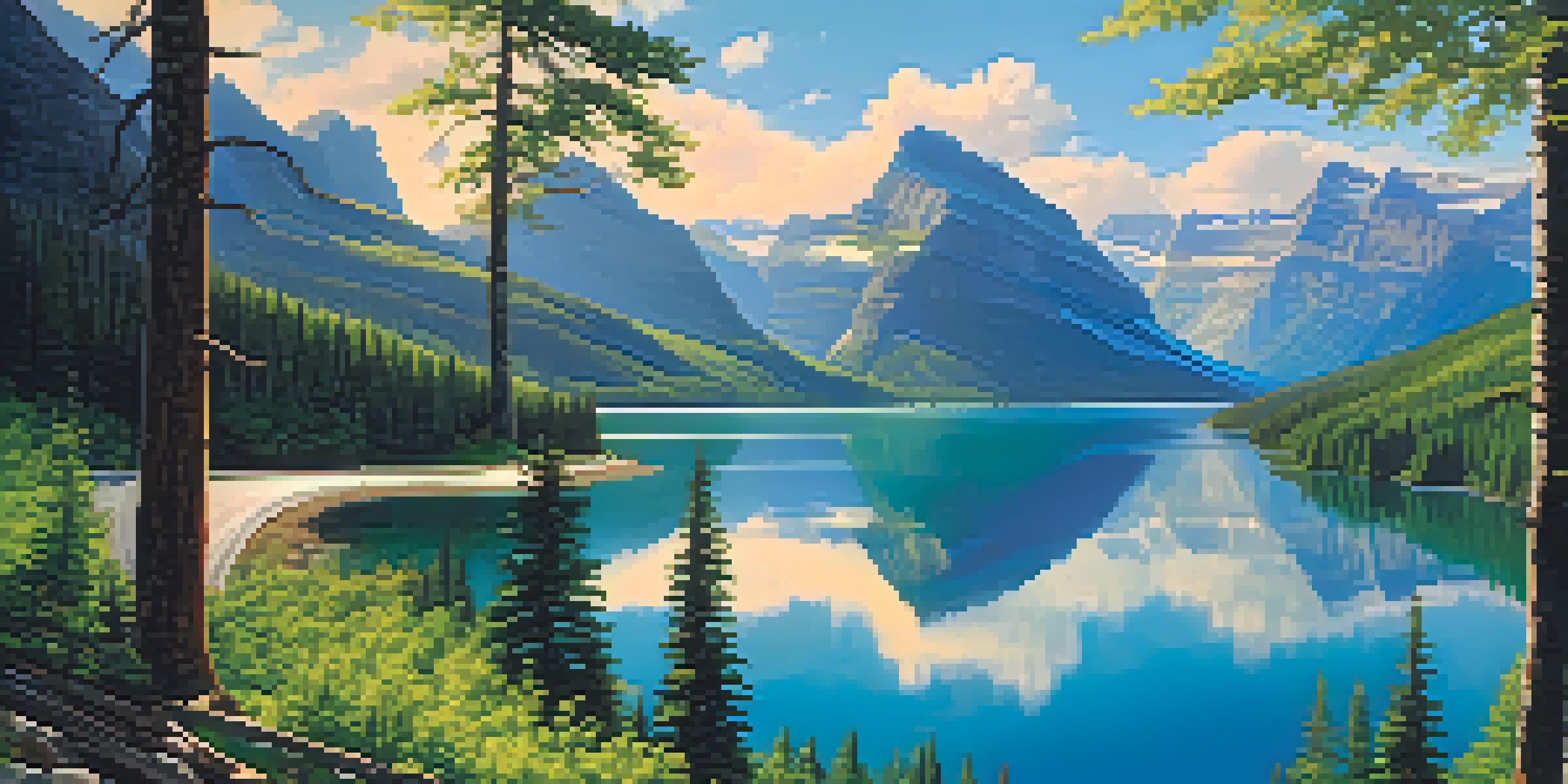 A breathtaking view of a winding road through the mountains with a lake reflecting the sky.