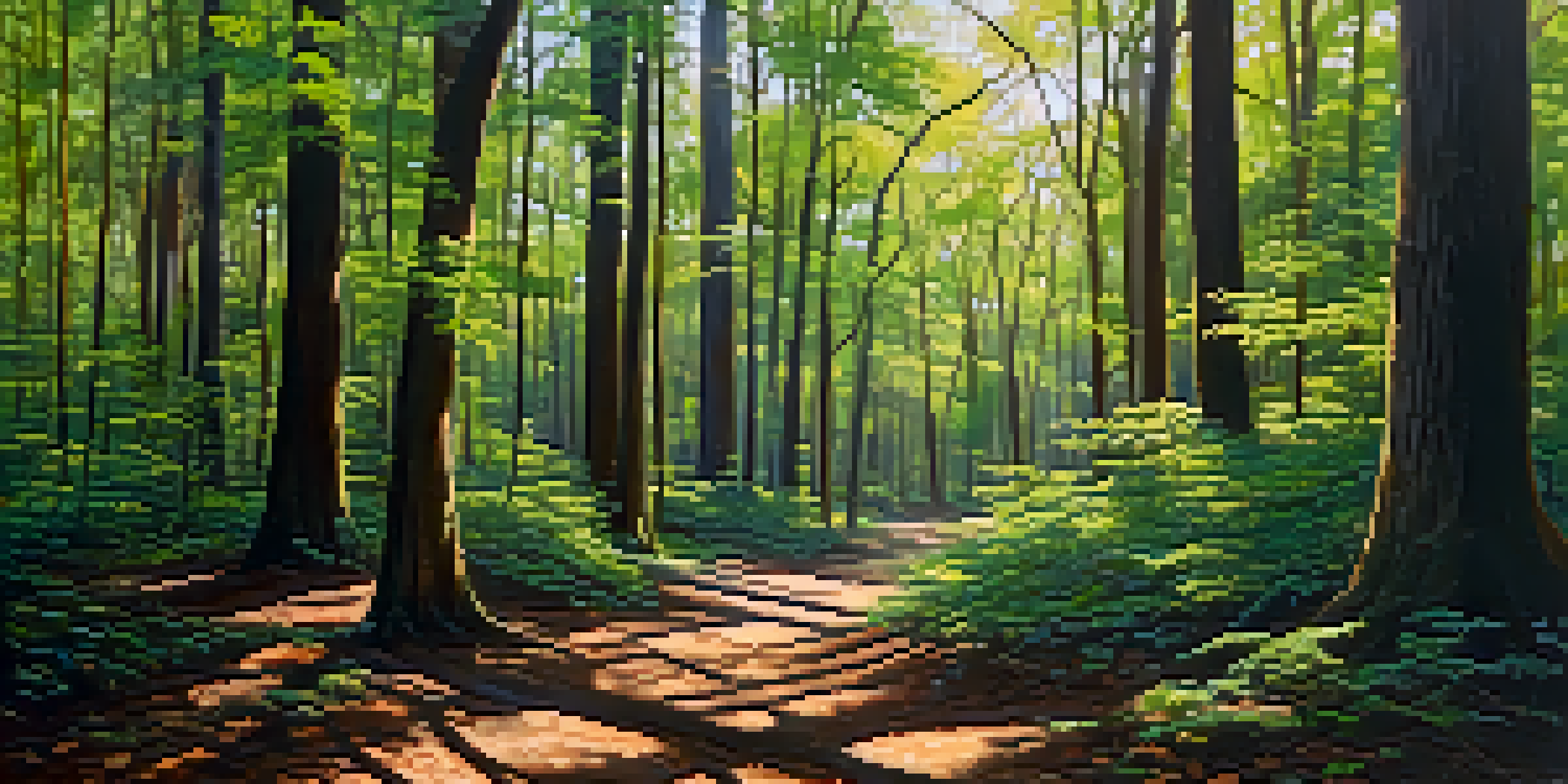 A peaceful forest scene in Congaree National Park, showcasing tall trees and sunlight casting shadows on the ground.