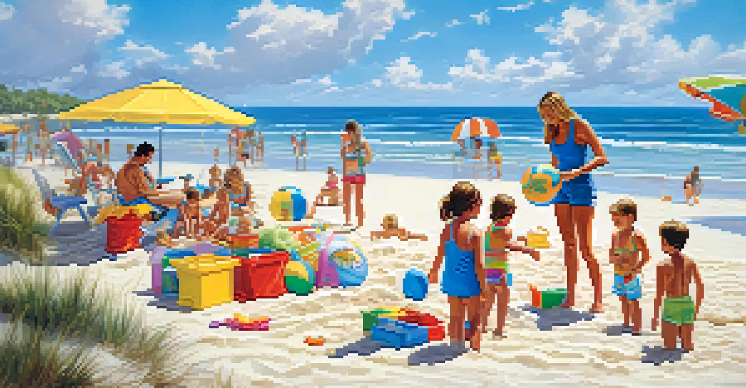 A lively family beach scene in Florida, with children playing in the sand and parents relaxing, capturing a joyous vacation atmosphere.