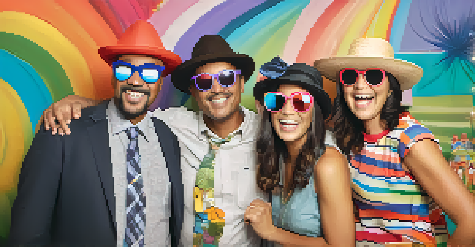 A family photo booth with members posing happily against a colorful backdrop.