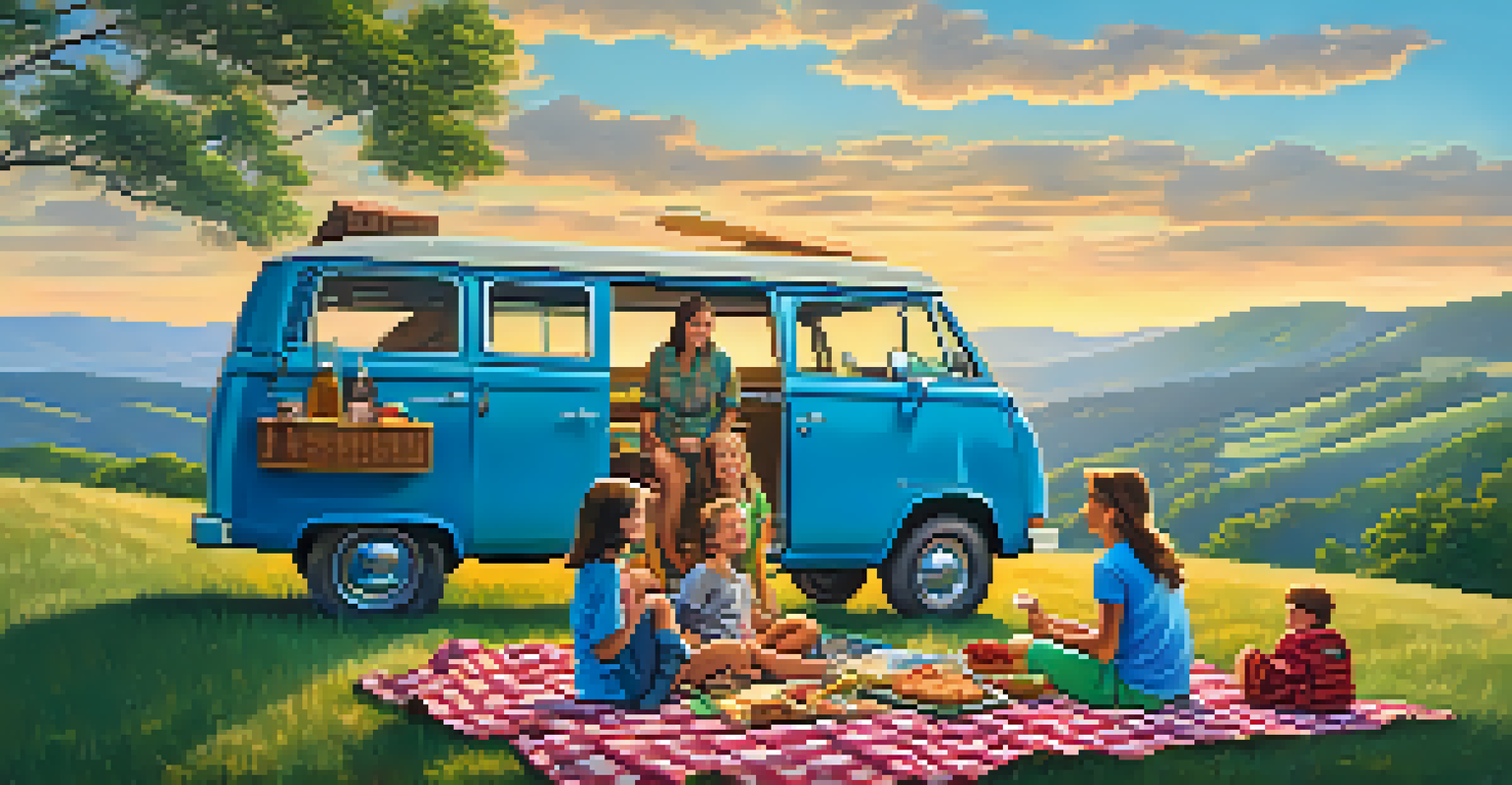 A family having a picnic next to their van at a scenic overlook with hills in the background.