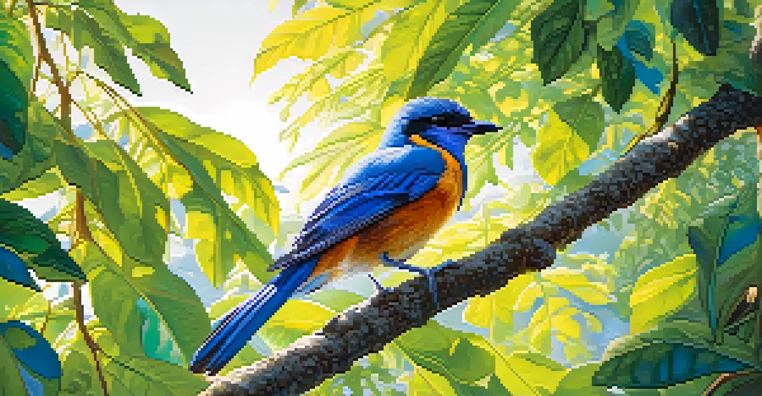 A colorful bird with blue and green feathers perched on a branch, surrounded by lush green foliage.
