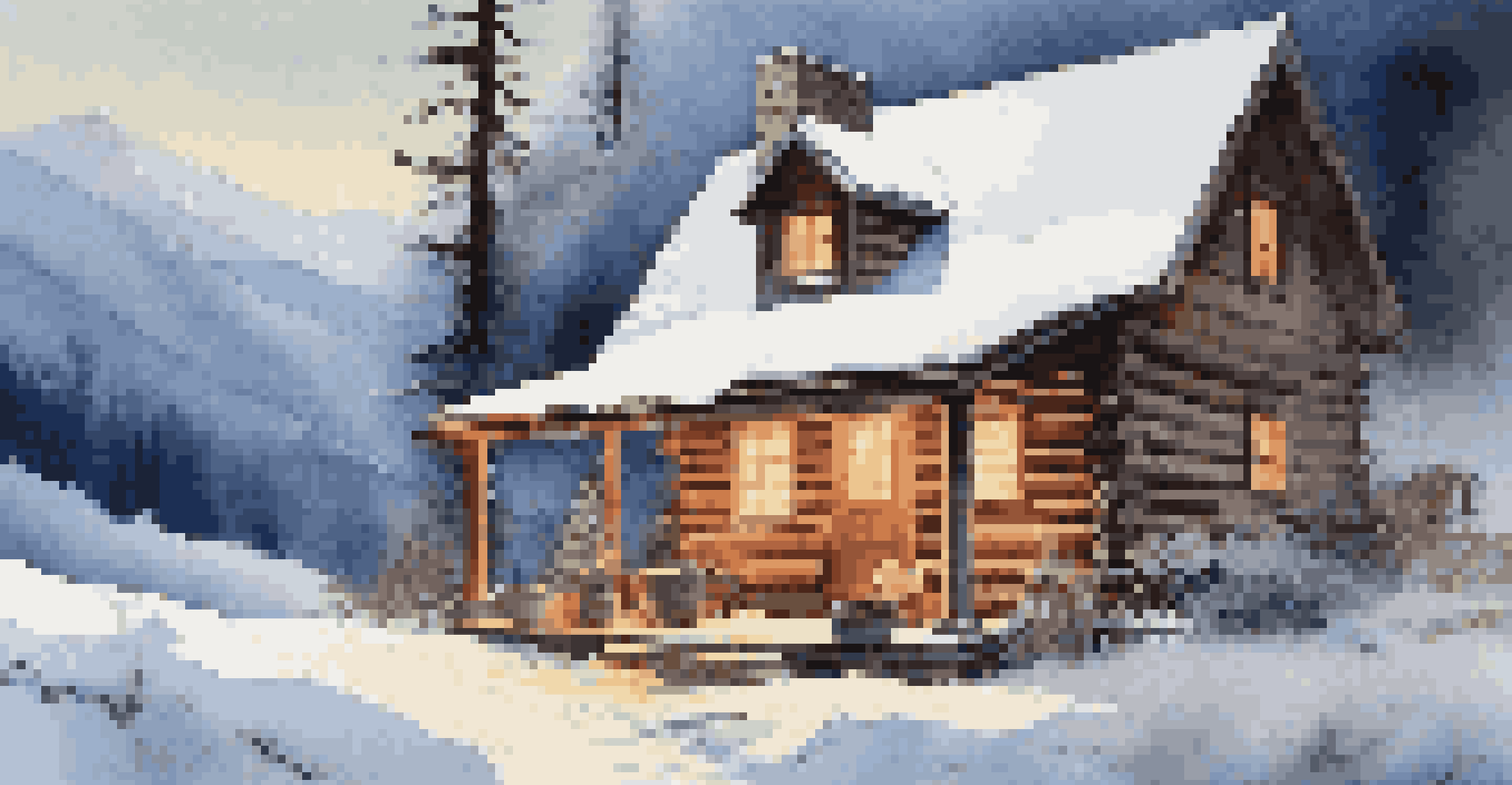 A couple sitting on a snowy cabin porch, wrapped in blankets and enjoying hot cocoa as snow falls around them.