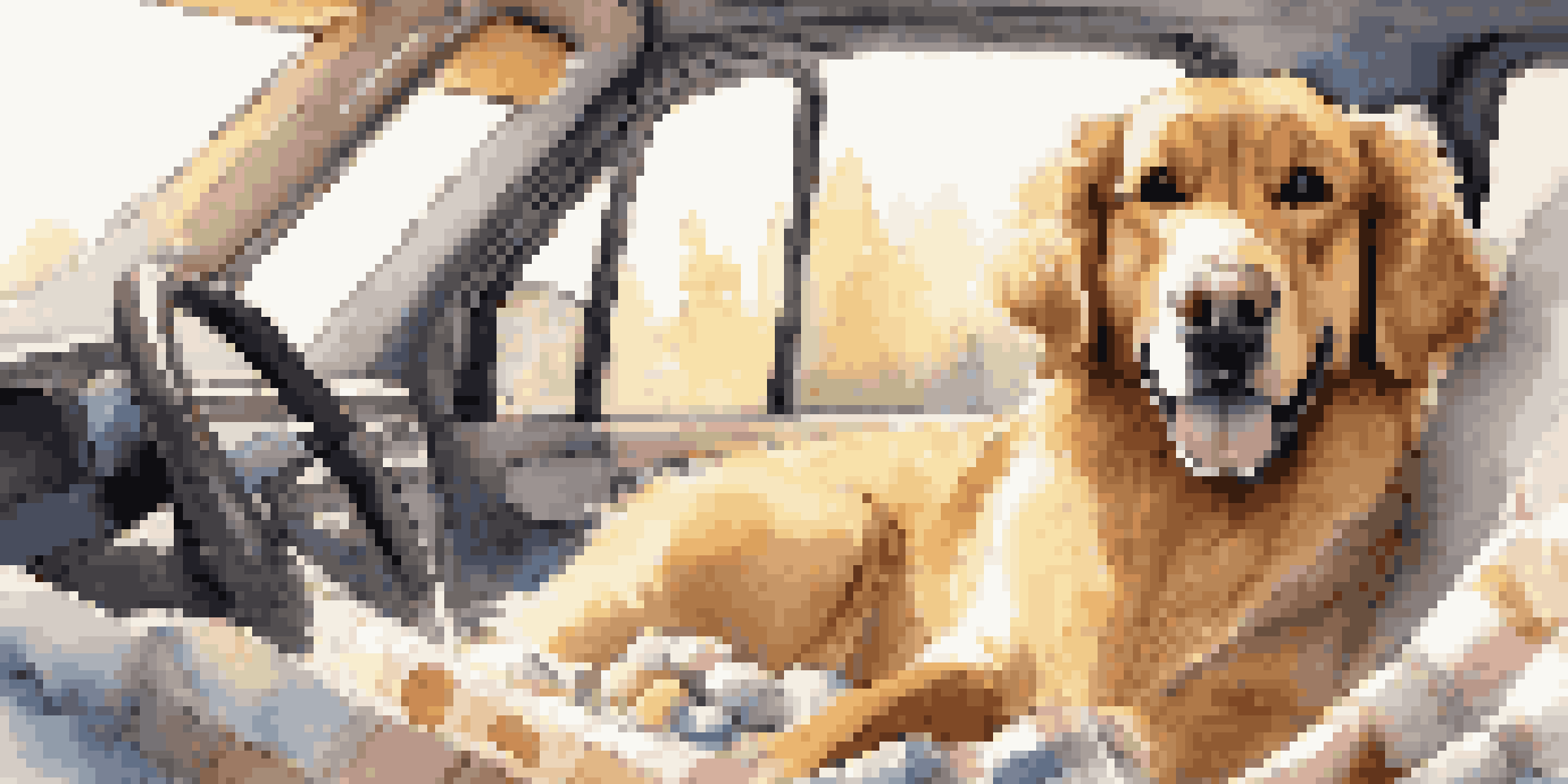 A fluffy golden retriever secured in a pet seatbelt in a cozy car interior, surrounded by blankets and toys, looking happy.