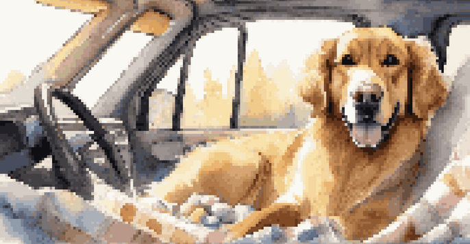 A fluffy golden retriever secured in a pet seatbelt in a cozy car interior, surrounded by blankets and toys, looking happy.