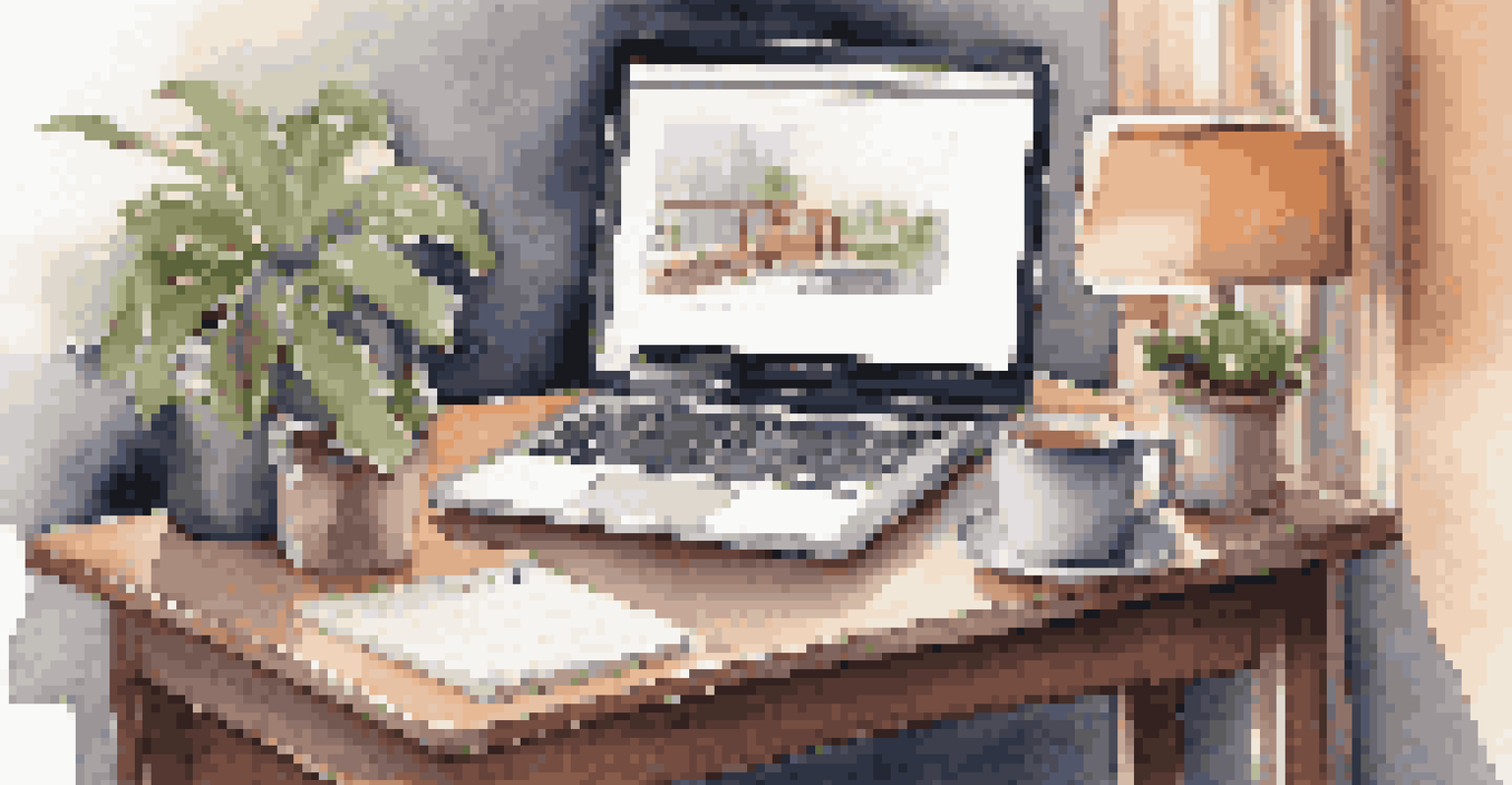 A hotel room workspace setup with a laptop, travel mug, notebook, and a plant, illuminated by soft ambient lighting.