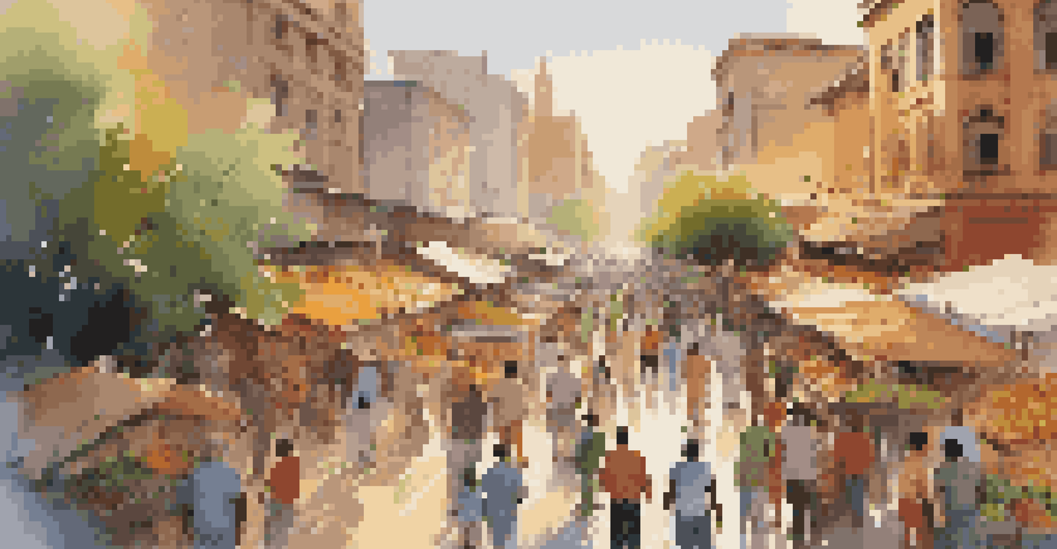A lively city market from above with colorful stalls and people engaging in conversation during sunset.