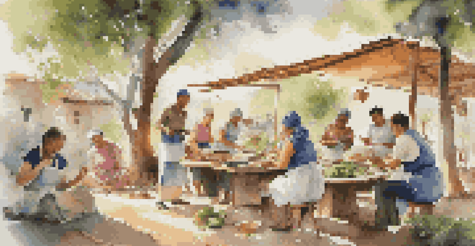 A group of travelers participating in a local cooking class outdoors, surrounded by fresh ingredients and smiling faces.