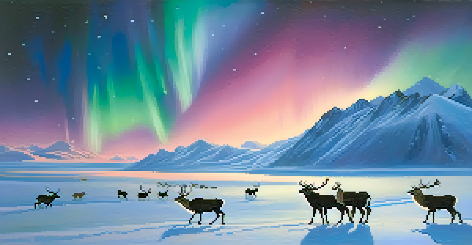 A peaceful winter scene in Svalbard with reindeer and Northern Lights illuminating the sky.
