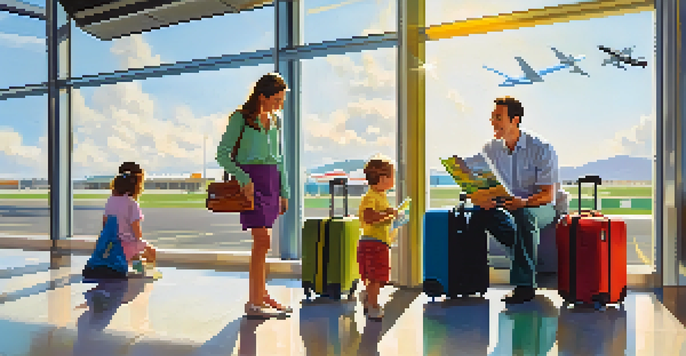 A parent and toddler smiling at a travel brochure while sitting on a suitcase in an airport terminal.